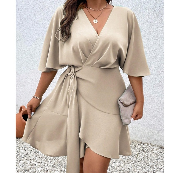 Plus Rust Brown solid Batwing Sleeve Ruffle Hem Mini Dress - Picture 3 of 10